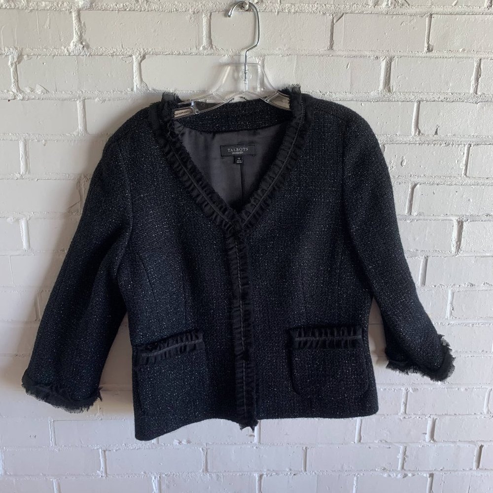 Talbots Sparkly Black Metallic Long Sleeve V-Neck Ruffle Trim Jacket Size 10